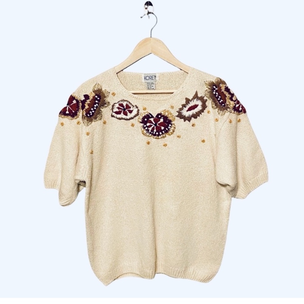 Vtg Koret 80's Embroidered Beaded Silk Cotton Blend Sweater
